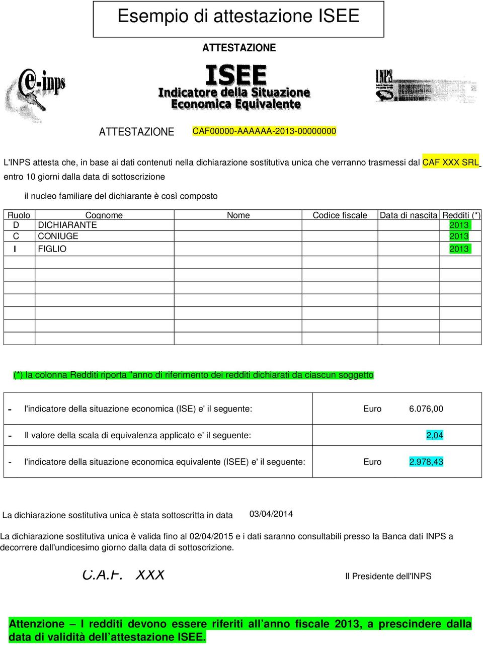 2013 I FIGLIO 2013. (*) la colonna Redditi riporta "anno di riferimento dei redditi dichiarati da ciascun soggetto - l'indicatore della situazione economica (ISE) e' il seguente: Euro 6.