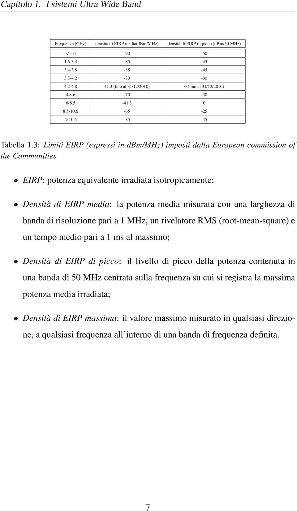 3: Limiti EIRP (espressi in dbm/mhz) imposti dalla European commission of the Communities EIRP: potenza equivalente irradiata isotropicamente; Densità di EIRP media: la potenza media misurata con una