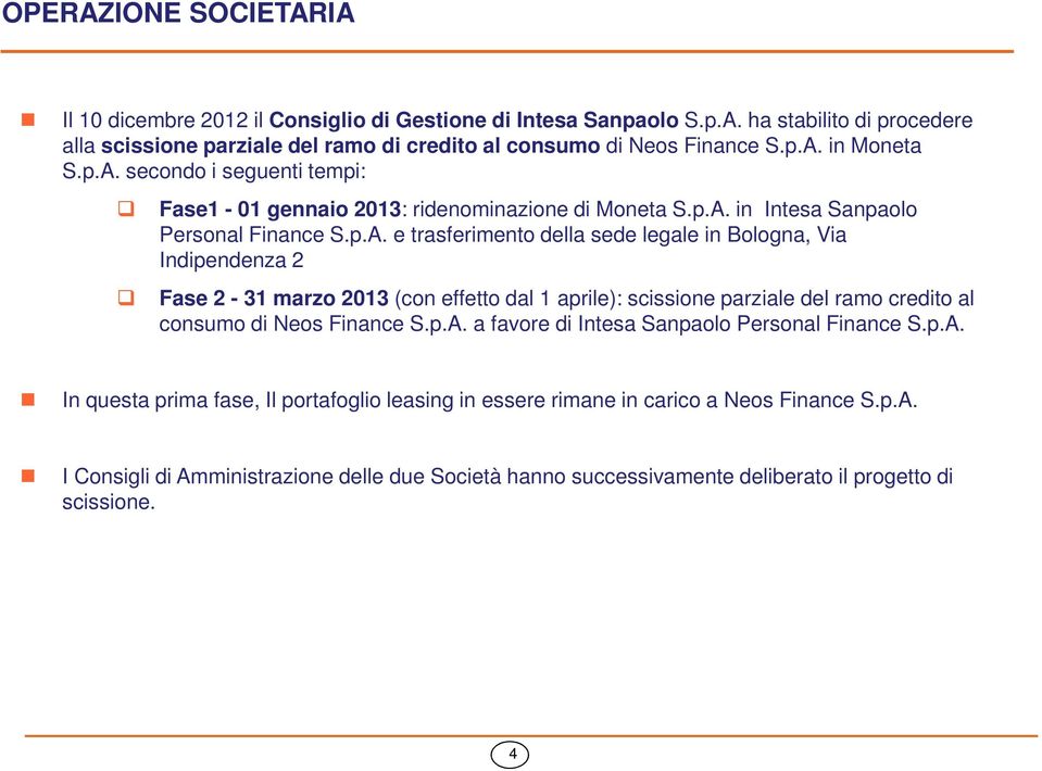 p.A. a favore di Intesa Sanpaolo Personal Finance S.p.A. In questa prima fase, Il portafoglio leasing in essere rimane in carico a Neos Finance S.p.A. I Consigli di Amministrazione delle due Società hanno successivamente deliberato il progetto di scissione.