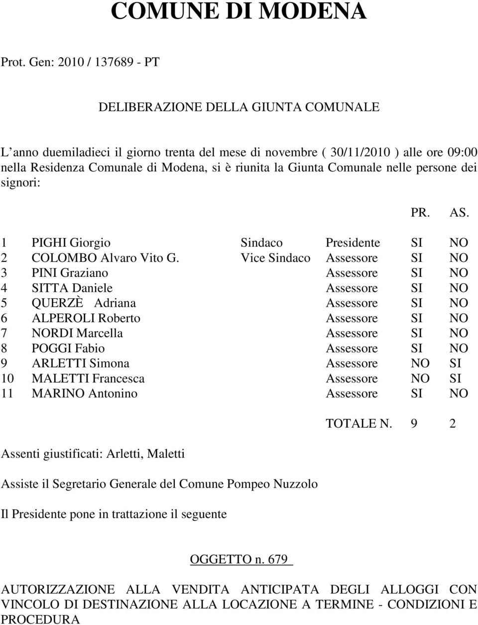 Giunta Comunale nelle persone dei signori: PR. AS. 1 PIGHI Giorgio Sindaco Presidente SI NO 2 COLOMBO Alvaro Vito G.