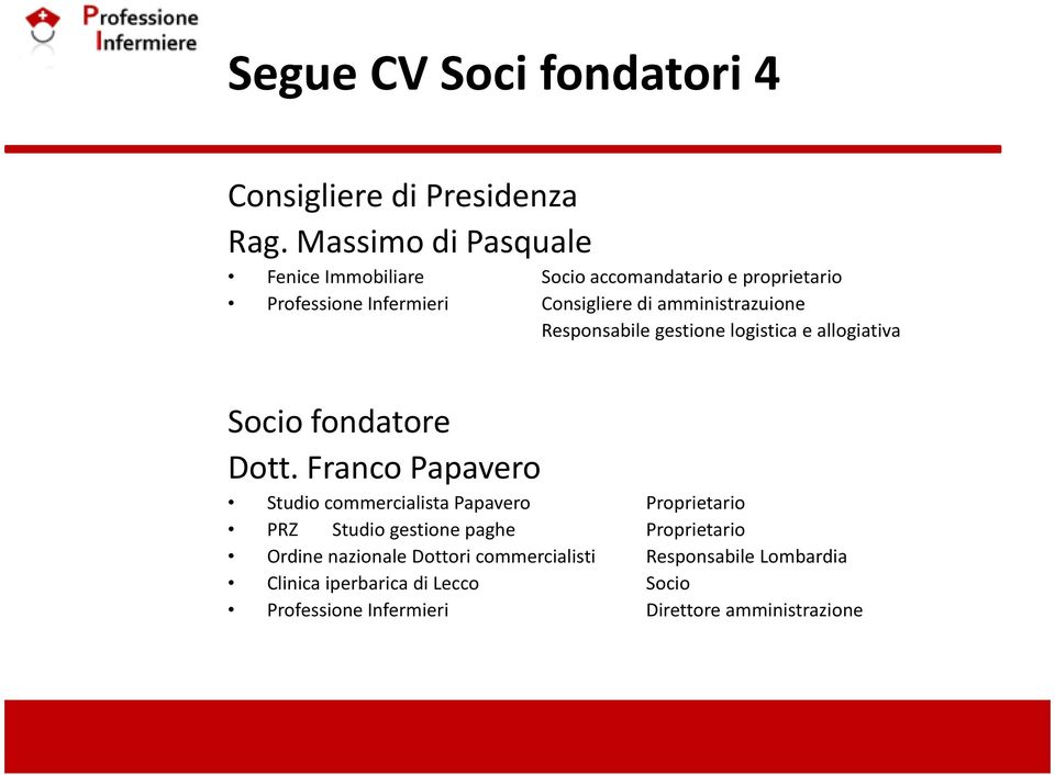 amministrazuione Responsabile gestione logistica e allogiativa Socio fondatore Dott.