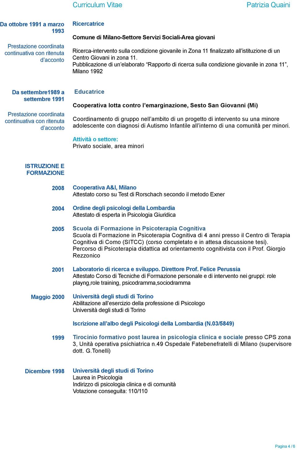 Pubblicazione di un elaborato Rapporto di ricerca sulla condizione giovanile in zona 11, Milano 1992 Da settembre1989 a settembre 1991 Prestazione coordinata continuativa con ritenuta d acconto