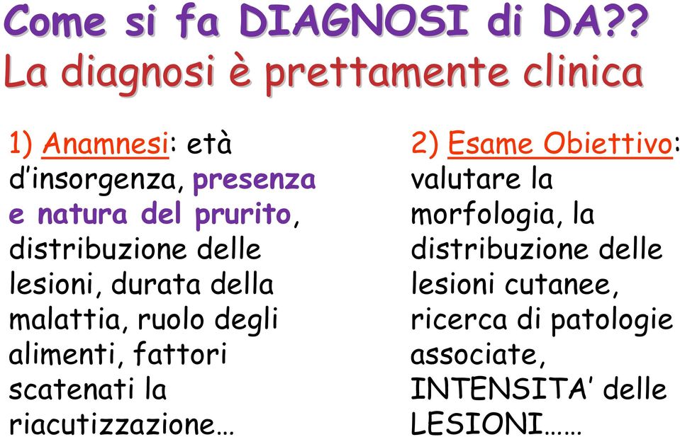 prurito, distribuzione delle lesioni, durata della malattia, ruolo degli alimenti, fattori