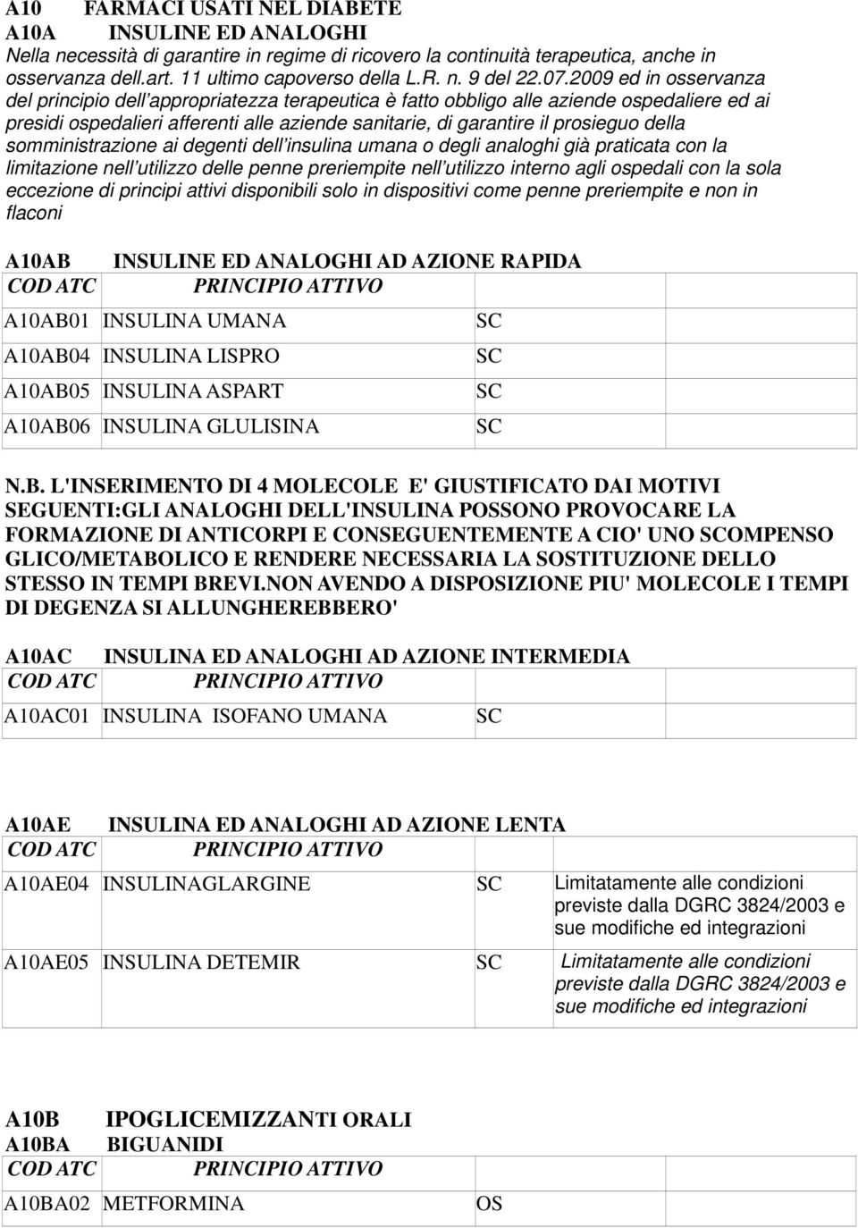 della somministrazione ai degenti dell insulina umana o degli analoghi già praticata con la limitazione nell utilizzo delle penne preriempite nell utilizzo interno agli ospedali con la sola eccezione