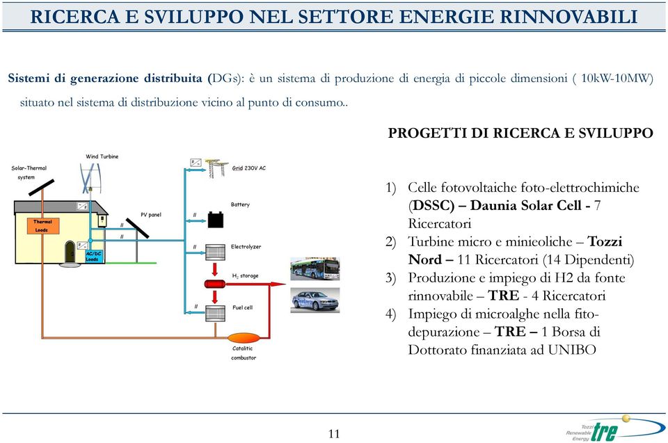 . PROGETTI DI RICERCA E SVILUPPO 1) Celle fotovoltaiche foto-elettrochimiche (DSSC) Daunia Solar Cell - 7 Ricercatori 2) Turbine micro e