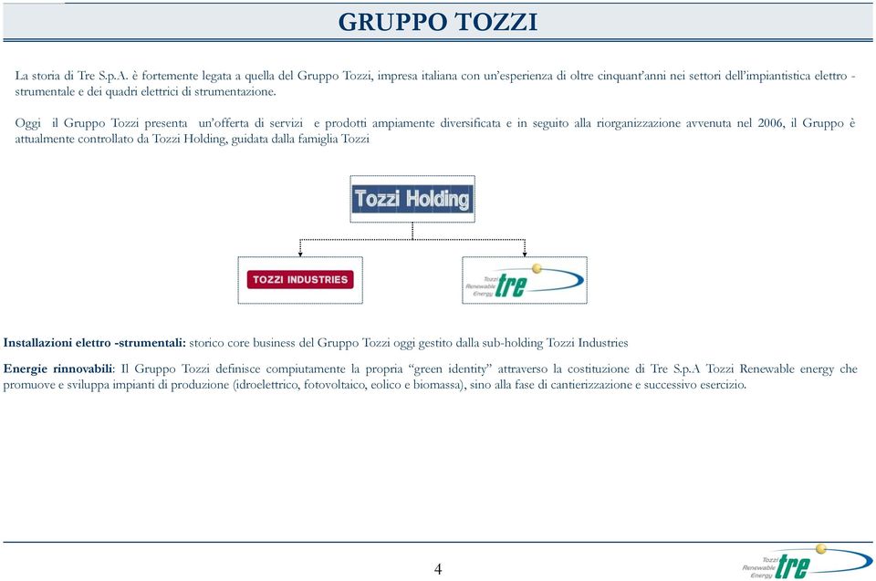 Oggi il Gruppo Tozzi presenta un offerta di servizi e prodotti ampiamente diversificata e in seguito alla riorganizzazione avvenuta nel 2006, il Gruppo è attualmente controllato da Tozzi Holding,