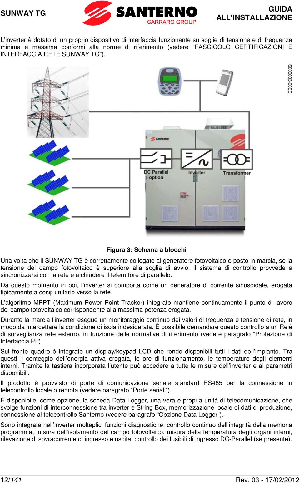 Figura 3: Schema a blocchi Una volta che il è correttamente collegato al generatore fotovoltaico e posto in marcia, se la tensione del campo fotovoltaico è superiore alla soglia di avvio, il sistema