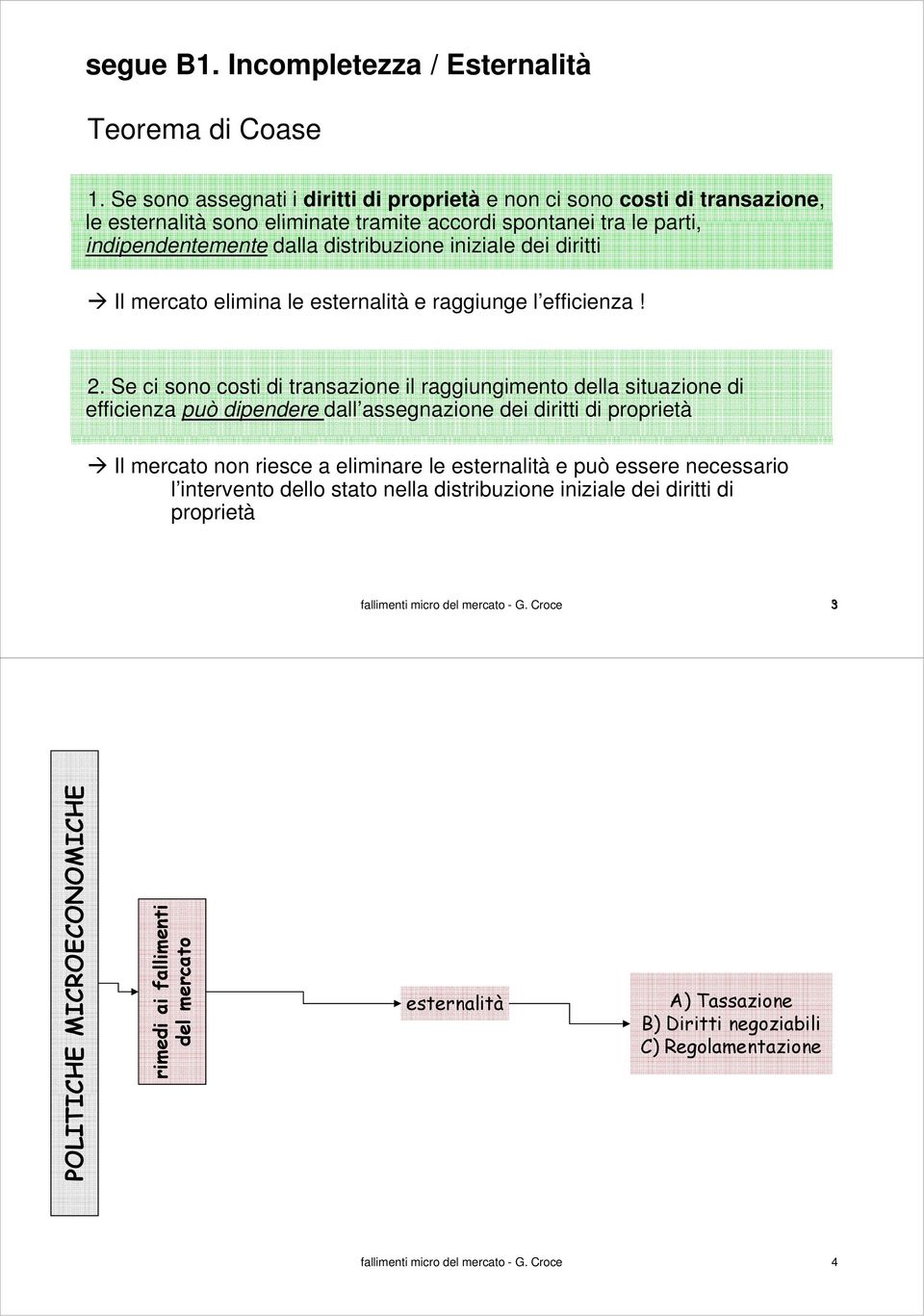 diritti Il mercato elimina le esternalità e raggiunge l efficienza! 2.