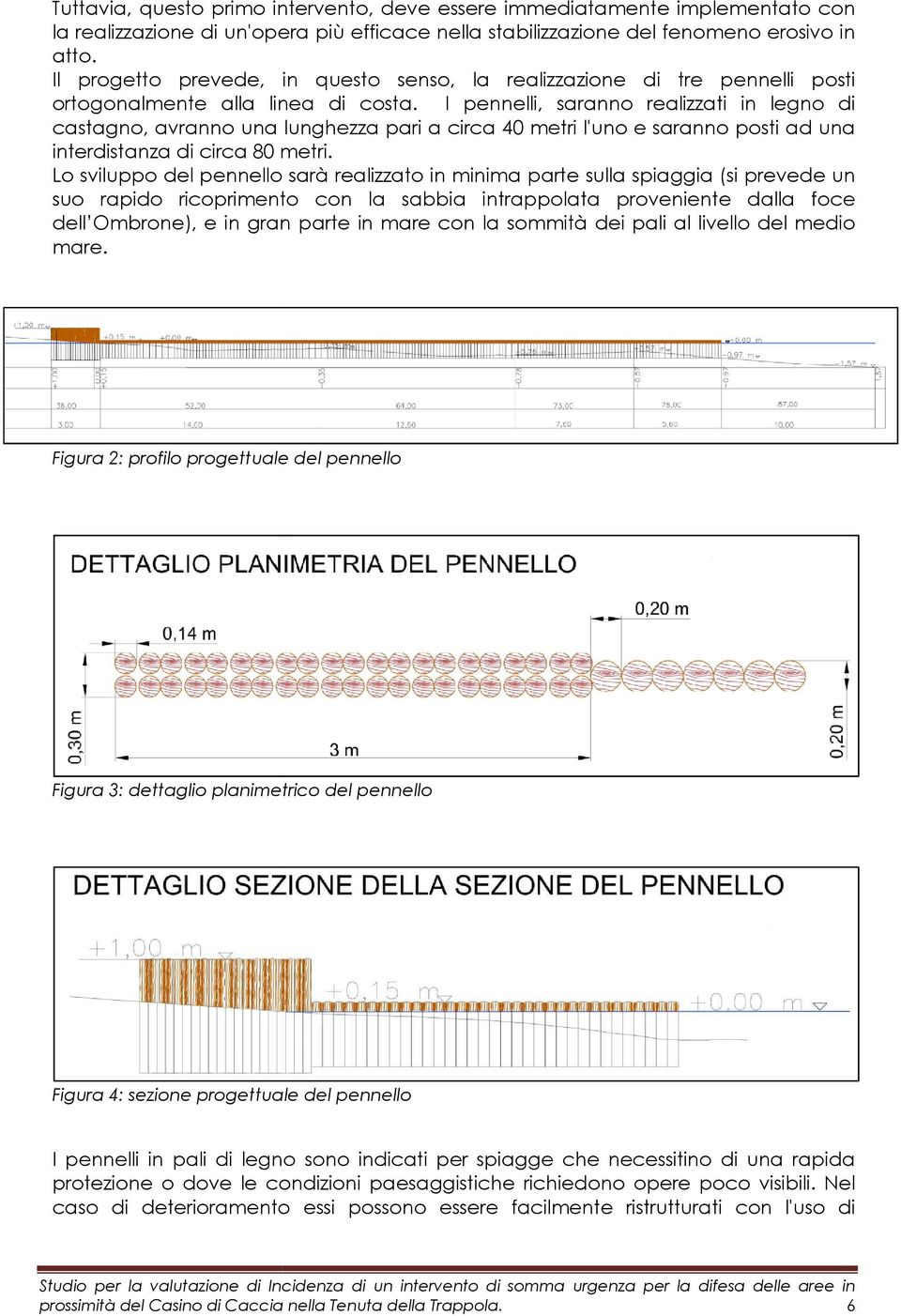 I pennelli, saranno realizzati in legno di castagno, avranno una lunghezza pari a circa 40 metri l'uno e saranno posti ad una interdistanza di circa 80 metri.