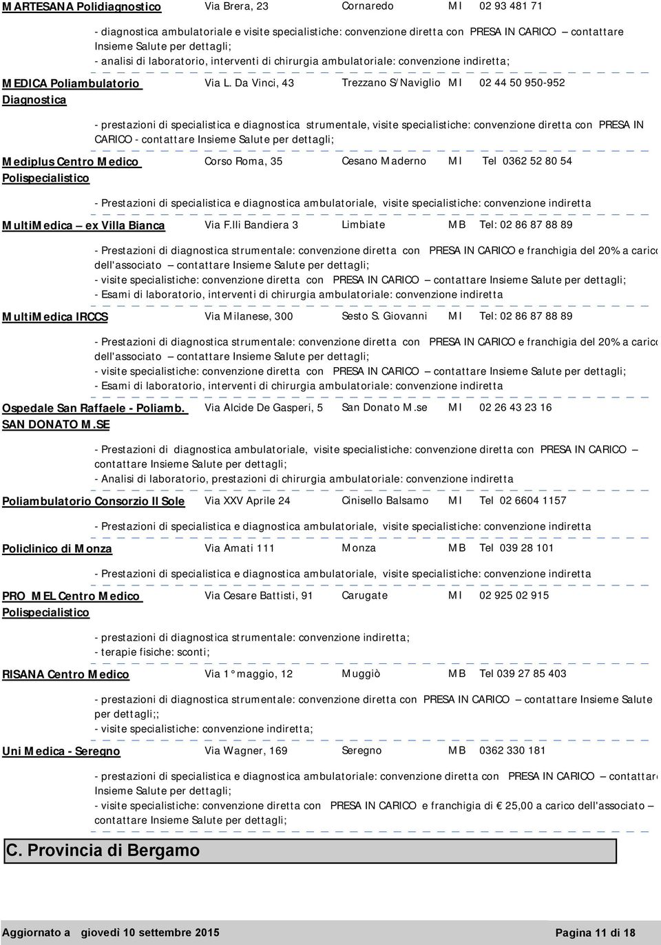 Da Vinci, 43 Trezzano S/Naviglio MI 02 44 50 950-952 - prestazioni di specialistica e diagnostica strumentale, visite specialistiche: convenzione diretta con PRESA IN CARICO - contattare Corso Roma,