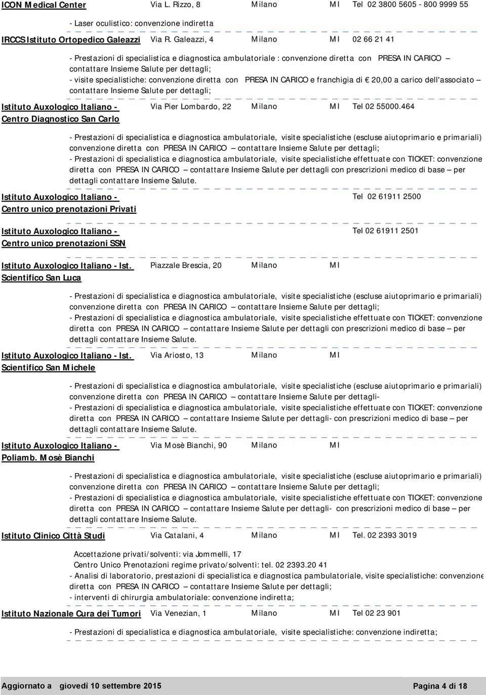 contattare - visite specialistiche: convenzione diretta con PRESA IN CARICO e franchigia di 20,00 a carico dell'associato contattare Via Pier Lombardo, 22 Milano MI Tel 02 55000.