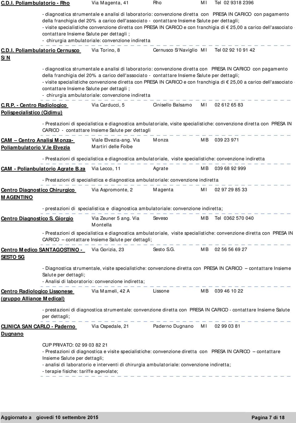 specialistiche convenzione diretta con PRESA IN CARICO e con franchigia di 25,00 a carico dell'associato - contattare Insieme Salute per dettagli ; - chirurgia ambulatoriale: convenzione indiretta