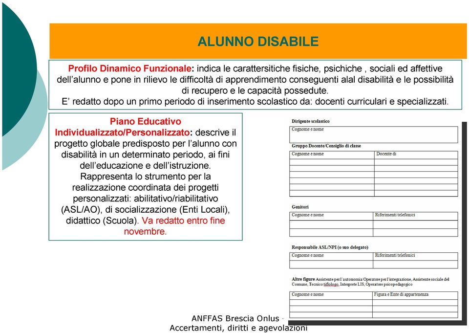 Piano Educativo Individualizzato/Personalizzato: descrive il progetto globale predisposto per l alunno con disabilità in un determinato periodo, ai fini dell educazione e dell istruzione.