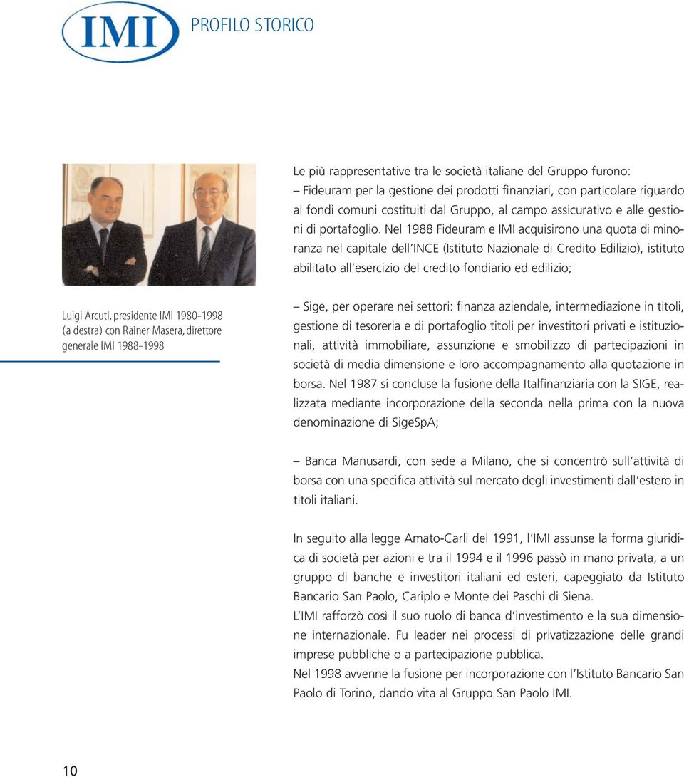 Nel 1988 Fideuram e IMI acquisirono una quota di minoranza nel capitale dell INCE (Istituto Nazionale di Credito Edilizio), istituto abilitato all esercizio del credito fondiario ed edilizio; Luigi