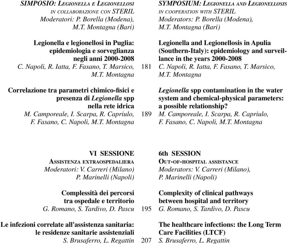 Napoli, M.T. Montagna 181 189 SYMPOSIUM: Legionella and Legionellosis in cooperation with STERIL Moderators: P. Borella (Modena), M.T. Montagna (Bari) Legionella and Legionellosis in Apulia (Southern-Italy): epidemiology and surveillance in the years 2000-2008 C.