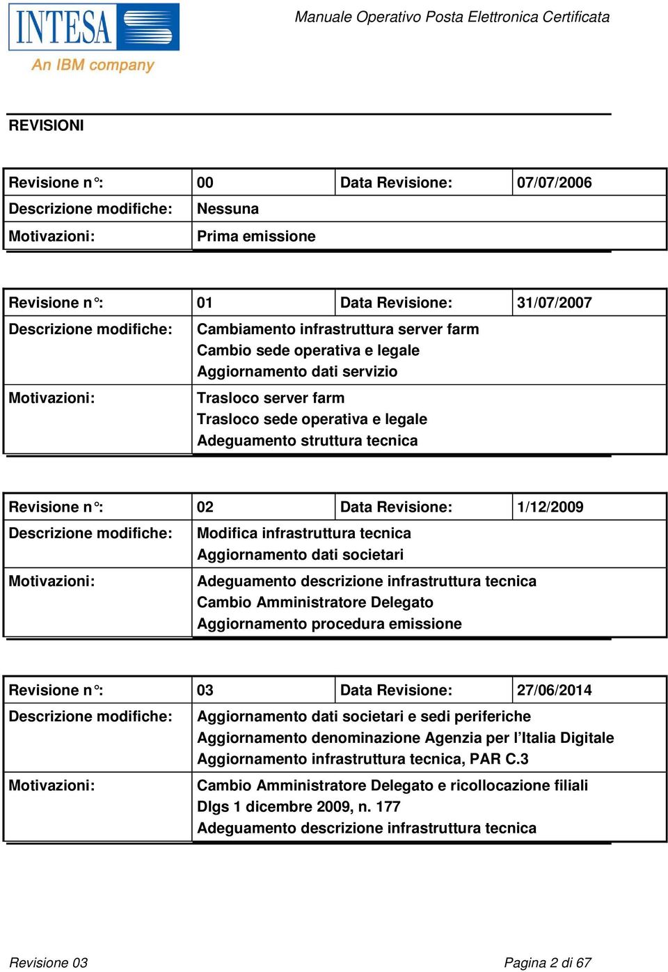 Data Revisione: 1/12/2009 Descrizione modifiche: Motivazioni: Modifica infrastruttura tecnica Aggiornamento dati societari Adeguamento descrizione infrastruttura tecnica Cambio Amministratore