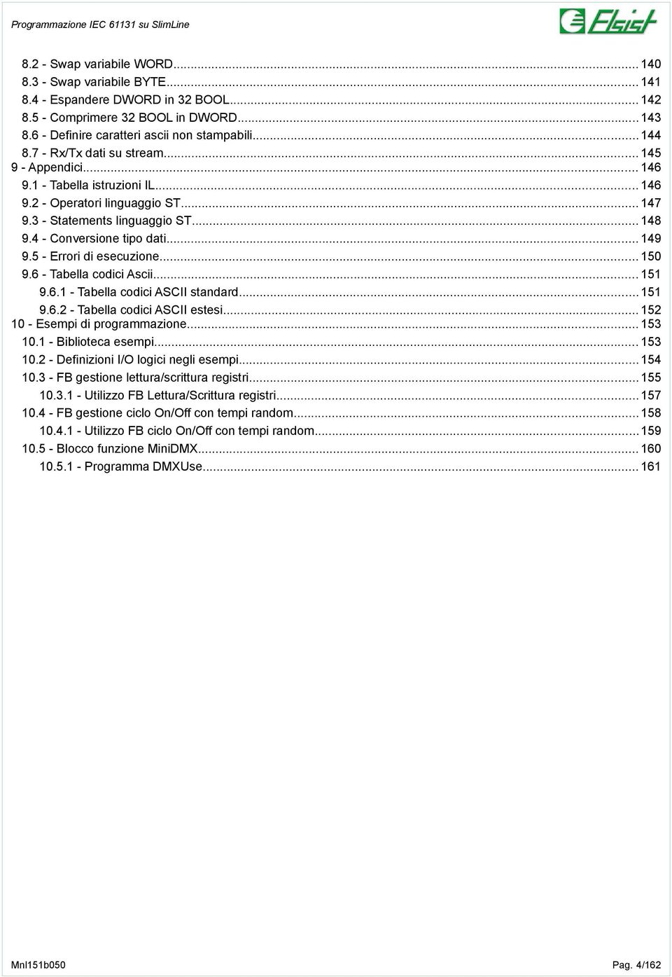 5 - Errori di esecuzione... 150 9.6 - Tabella codici Ascii... 151 9.6.1 - Tabella codici ASCII standard... 151 9.6.2 - Tabella codici ASCII estesi... 152 10 - di programmazione... 153 10.