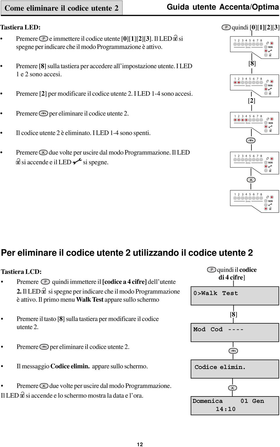 Premere per eliminare il codice utente 2. quindi [0][1][2][3] [8] [2] Il codice utente 2 è eliminato. I LED 1-4 sono spenti. Premere due volte per uscire dal modo Programmazione.