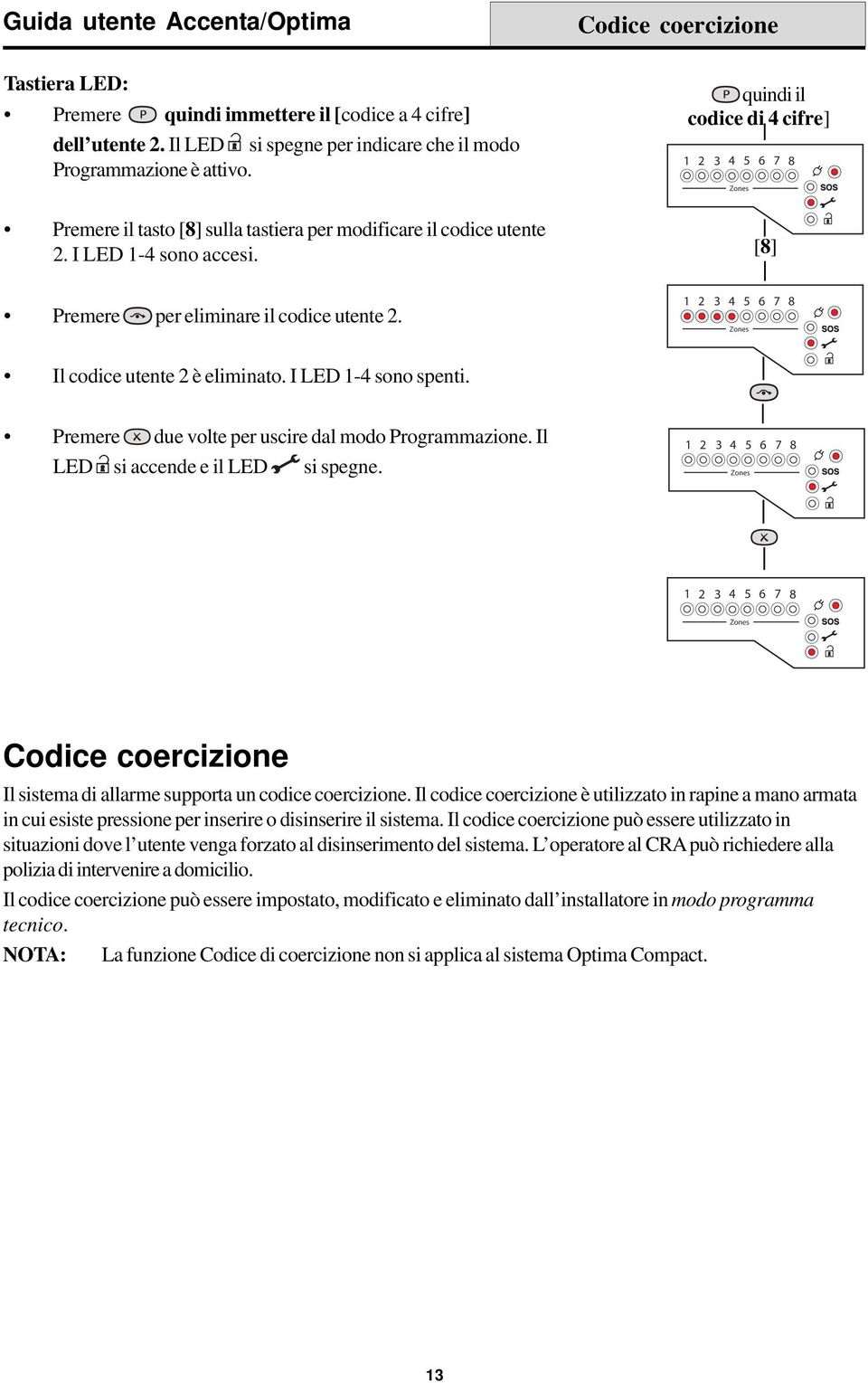 Codice coercizione quindi il codice di 4 cifre] [8] Il codice utente 2 è eliminato. I LED 1-4 sono spenti. Premere due volte per uscire dal modo Programmazione. Il LED si accende e il LED si spegne.