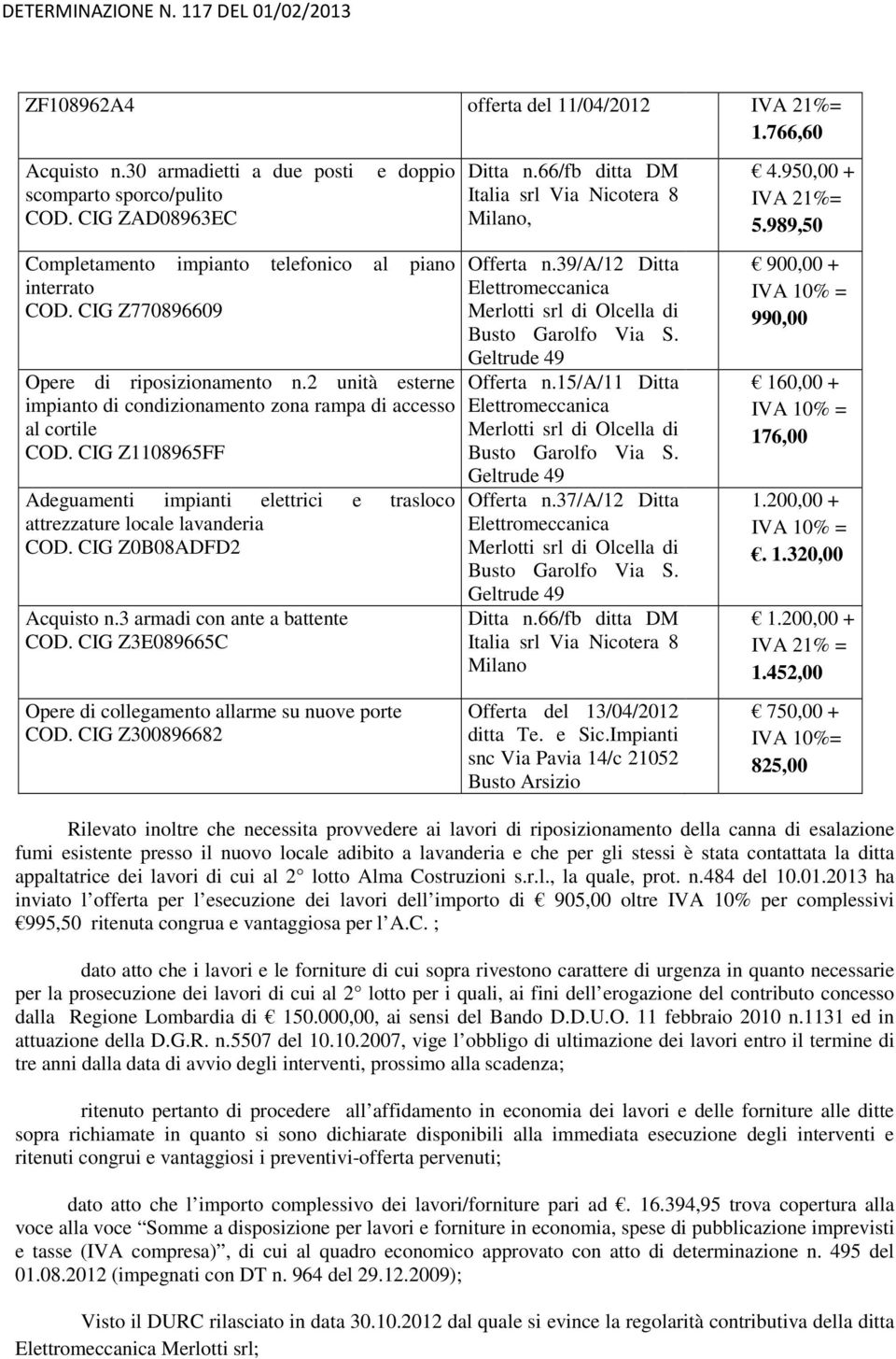 CIG Z1108965FF Adeguamenti impianti elettrici e trasloco attrezzature locale lavanderia COD. CIG Z0B08ADFD2 Acquisto n.3 armadi con ante a battente COD.