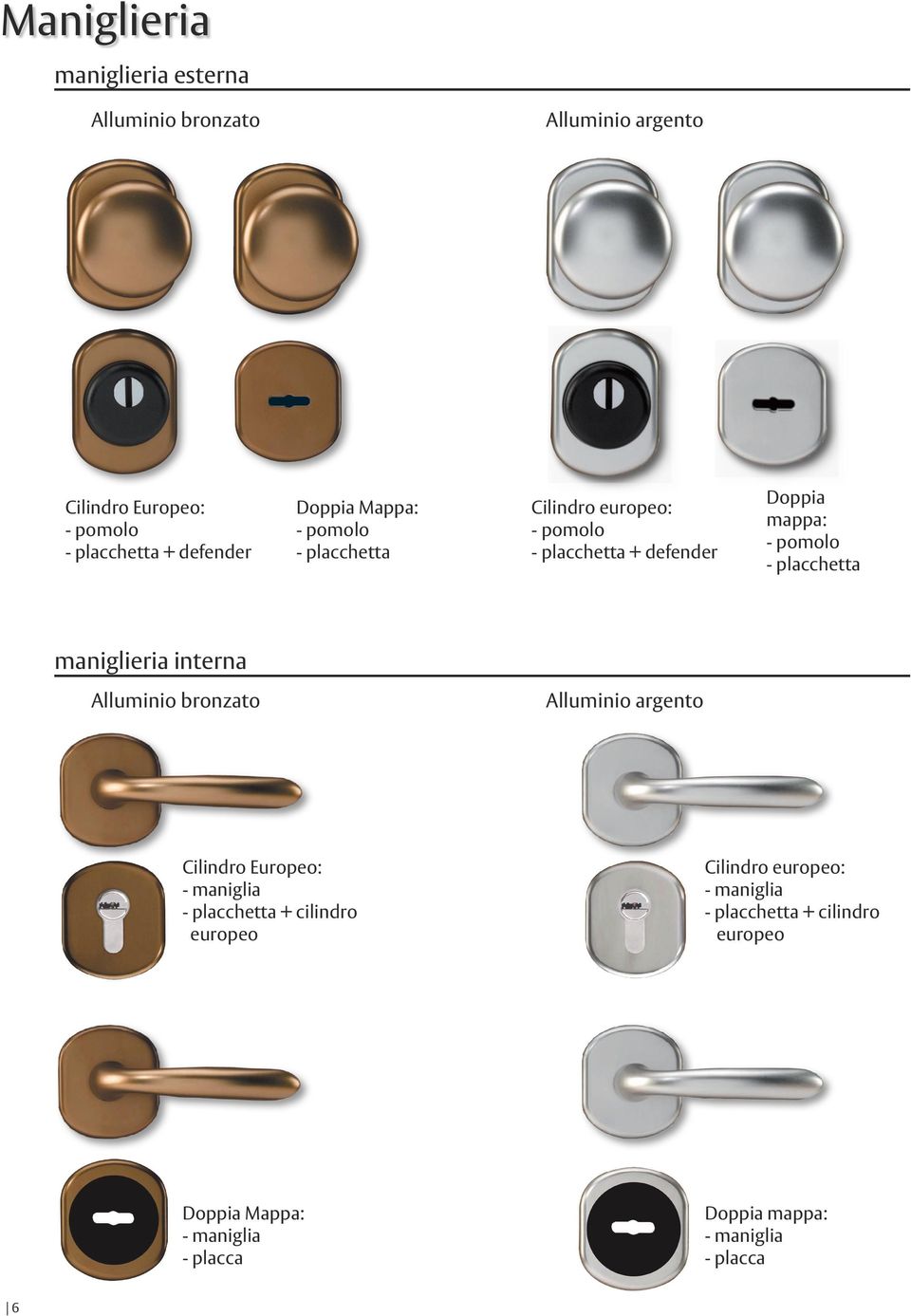 maniglieria interna Alluminio bronzato Alluminio argento Cilindro Europeo: - maniglia - placchetta + cilindro europeo