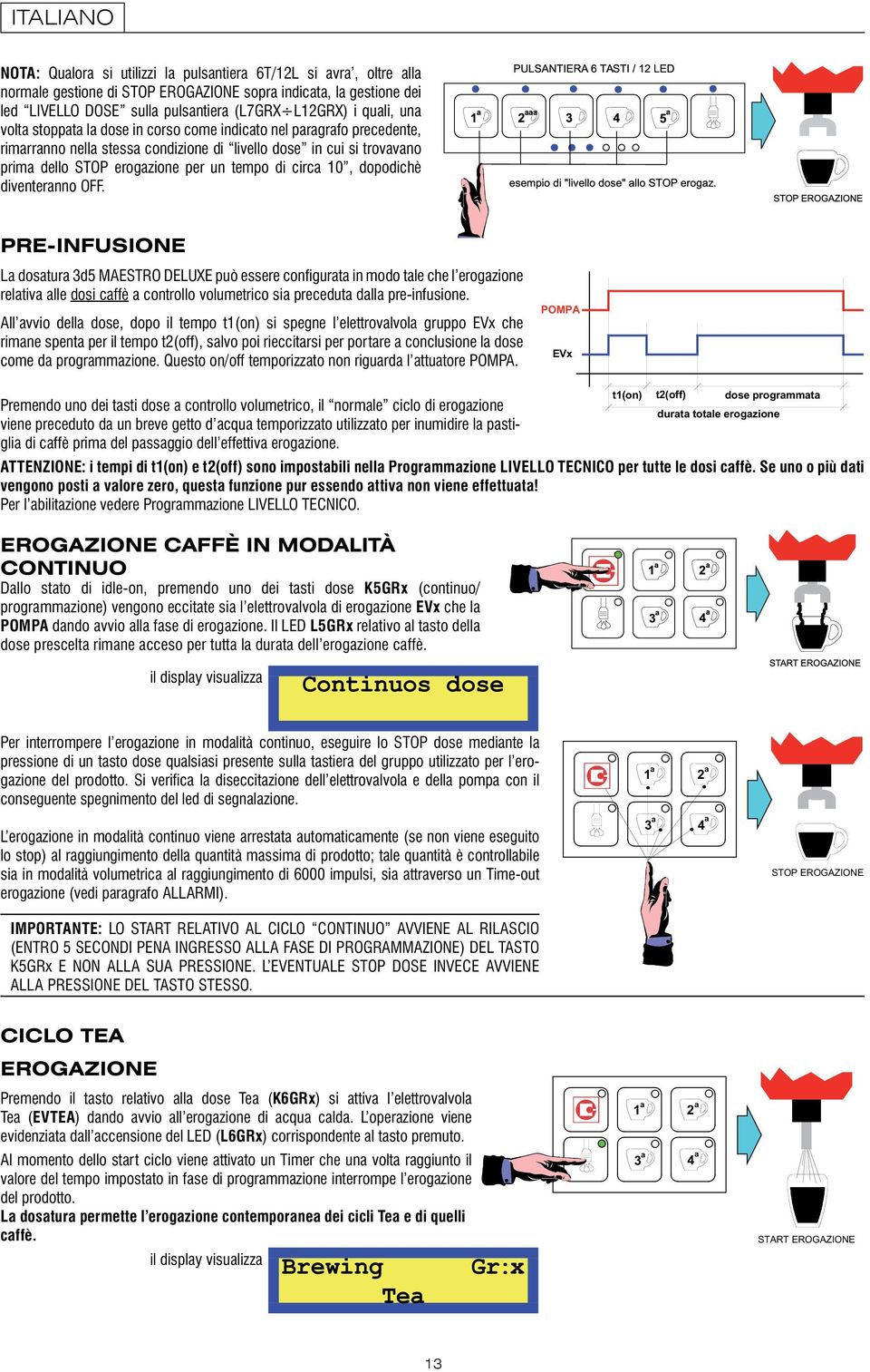 EROGAZIONE CAFFÈ IN MODALITÀ CONTINUO K5GRx EVx POMPA L5GRx t1(on) t2(off) dose progrmmt Continuos dose - IMPORTANTE: 1 2 3 4 STOP EROGAZIONE