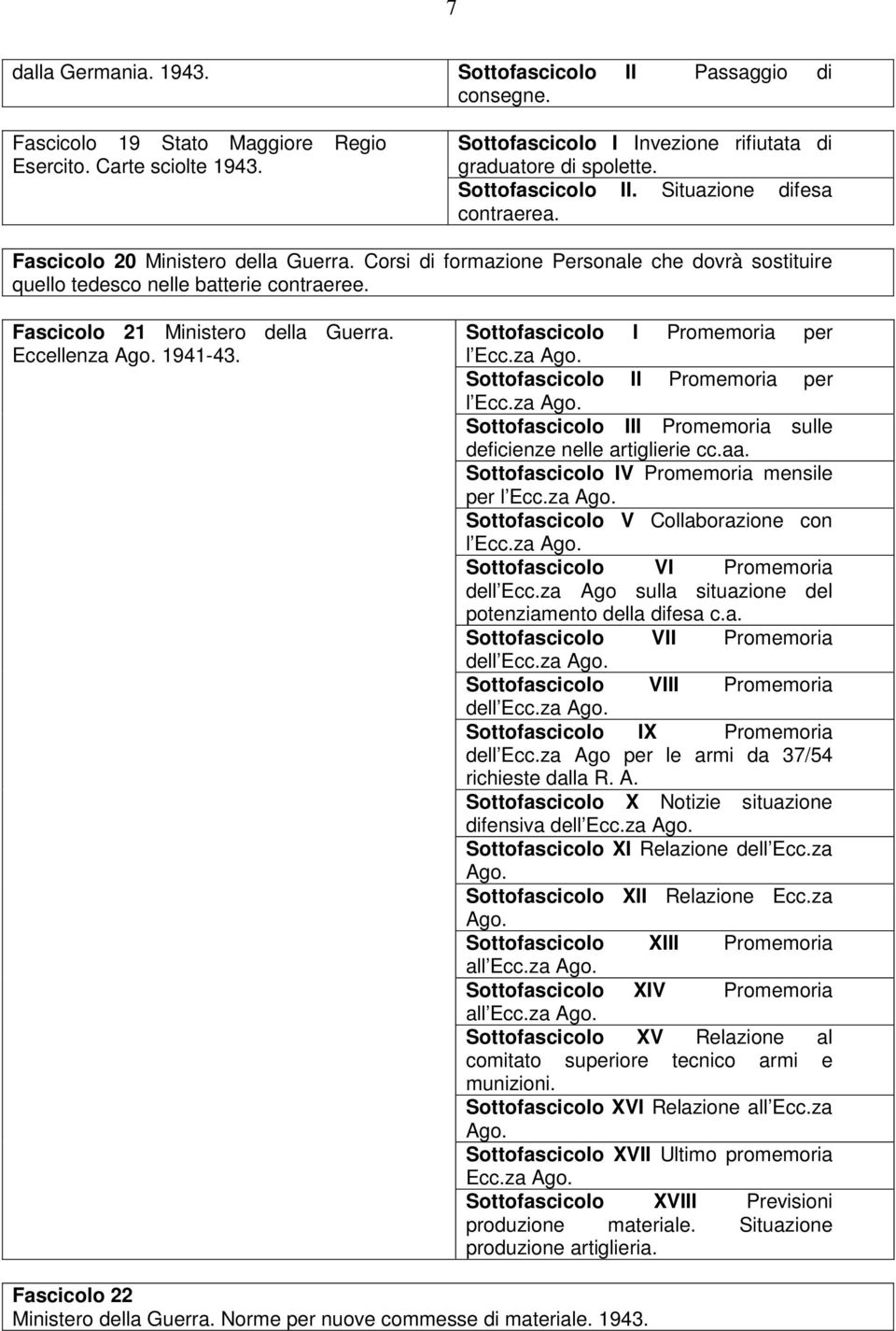 Fascicolo 21 Ministero della Guerra. Eccellenza Ago. 1941-43. Sottofascicolo I Promemoria per l Ecc.za Ago. Sottofascicolo II Promemoria per l Ecc.za Ago. Sottofascicolo III Promemoria sulle deficienze nelle artiglierie cc.