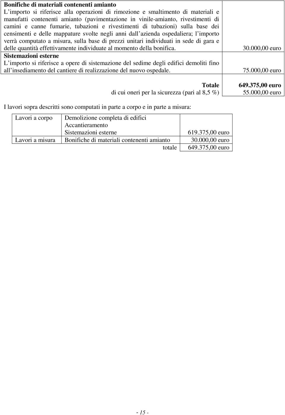 base di prezzi unitari individuati in sede di gara e delle quantità effettivamente individuate al momento della bonifica.