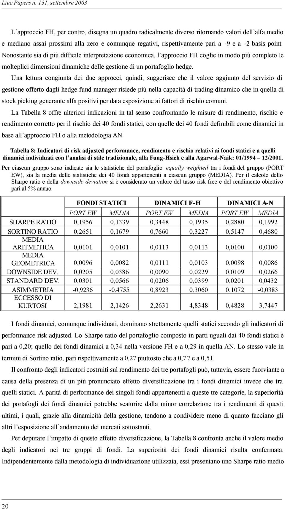 -9 e a -2 basis point. Nonostante sia di più difficile interpretazione economica, l approccio FH coglie in modo più completo le molteplici dimensioni dinamiche delle gestione di un portafoglio hedge.