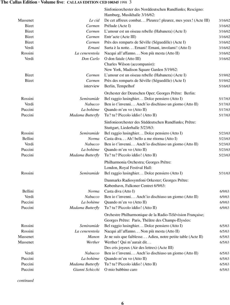 (Acte III) 3/16/62 Bizet Carmen Prélude (Acte I) 3/16/62 Bizet Carmen L amour est un oiseau rebelle (Habanera) (Acte I) 3/16/62 Bizet Carmen Entr acte (Acte III) 3/16/62 Bizet Carmen Près des