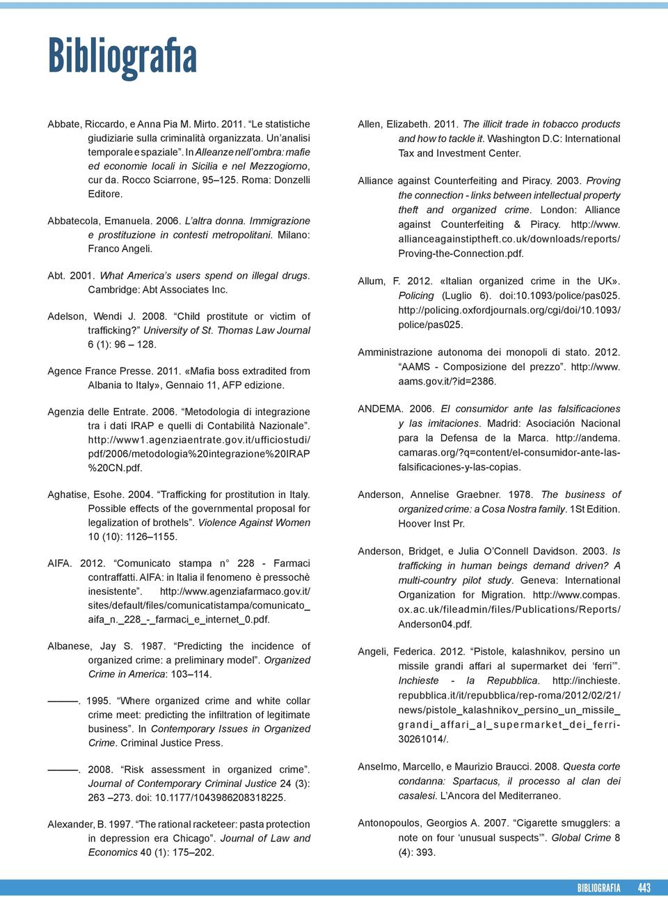 Immigrazione e prostituzione in contesti metropolitani. Milano: Franco Angeli. Abt. 2001. What America s users spend on illegal drugs. Cambridge: Abt Associates Inc. Adelson, Wendi J. 2008.