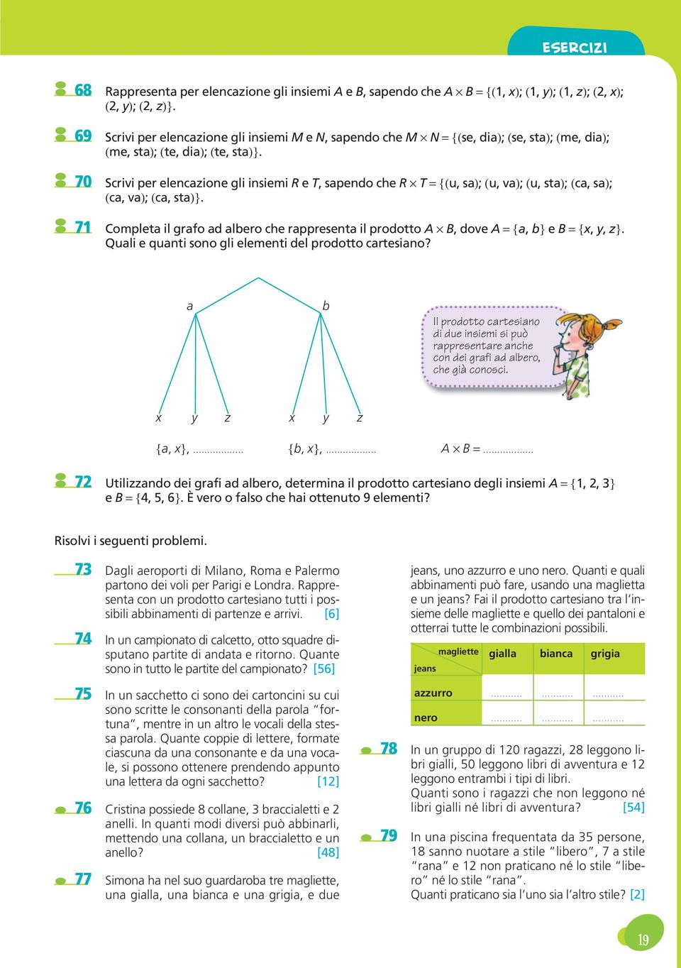 70 Scrivi per elencazione gli insiemi R e T, sapendo che R T ={(u, sa); (u, va); (u, sta); (ca, sa); (ca, va); (ca, sta)}.