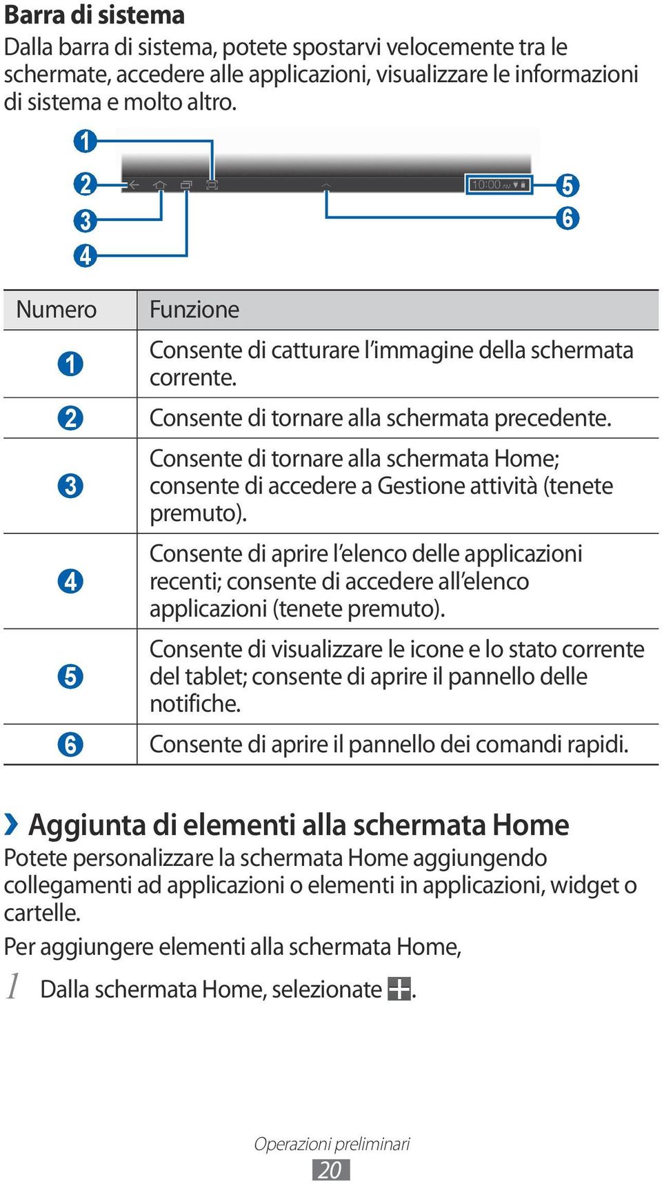 3 4 5 Consente di tornare alla schermata Home; consente di accedere a Gestione attività (tenete premuto).