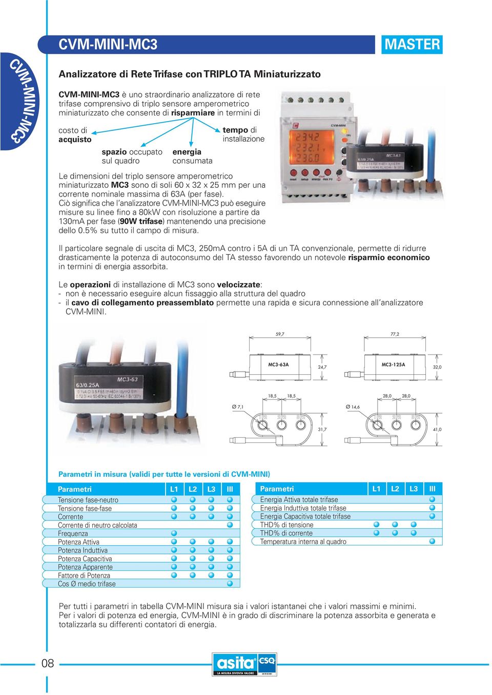 miniaturizzato MC3 sono di soli 60 x 32 x 25 mm per una corrente nominale massima di 63A (per fase).