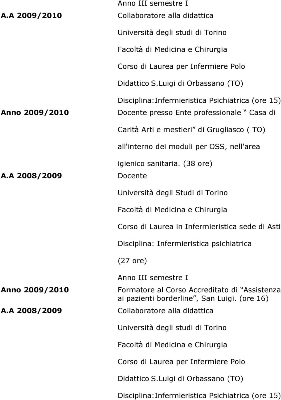 (38 ore) Corso di Laurea in Infermieristica sede di Asti Disciplina: Infermieristica psichiatrica (27 ore) Anno