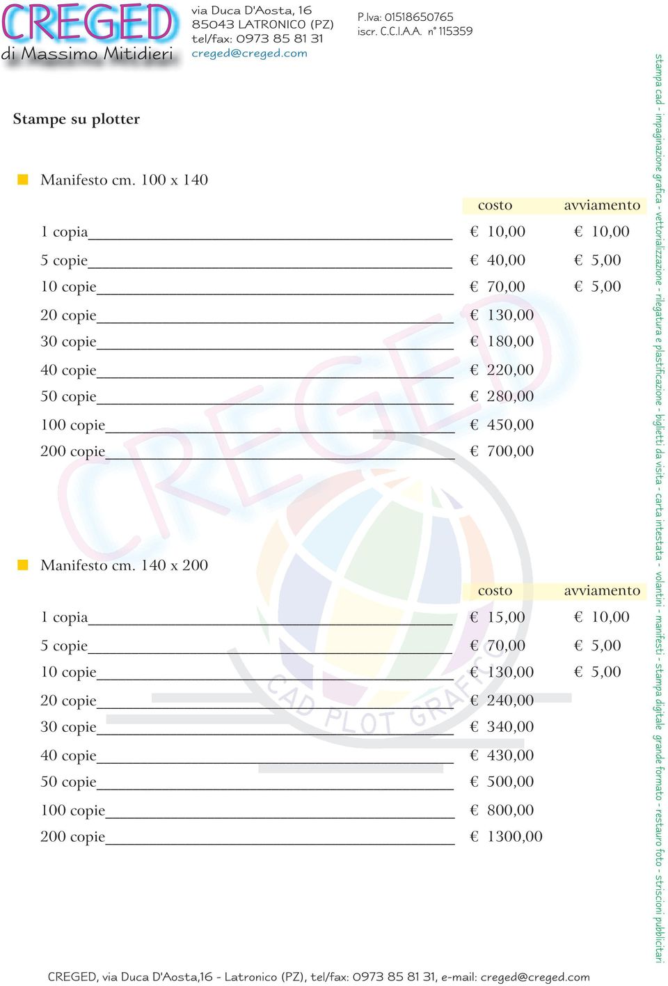 70,00 130,00 180,00 220,00 280,00 450,00 700,00 Manifesto cm.