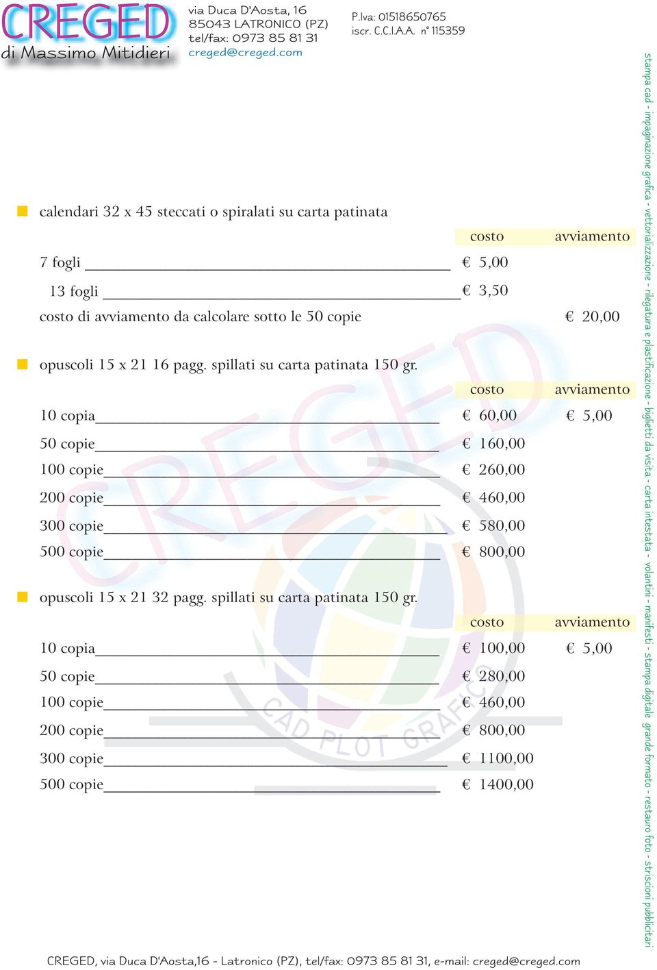 spillati su carta patinata 150 gr.