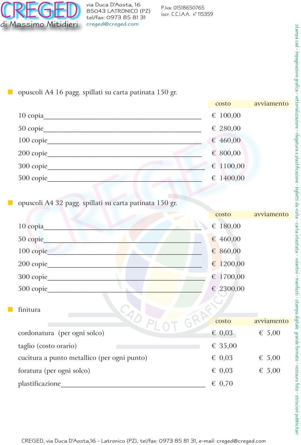 spillati su carta patinata 150 gr.