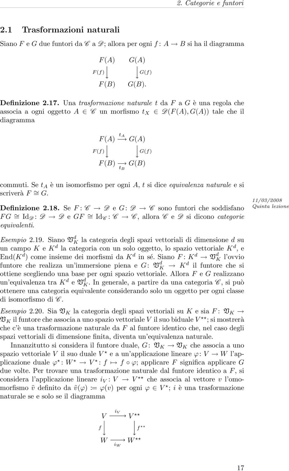 Se t A è un isomorfismo per ogni A, t si dice equivalenza naturale e si scriverà F = G. Definizione 2.18.