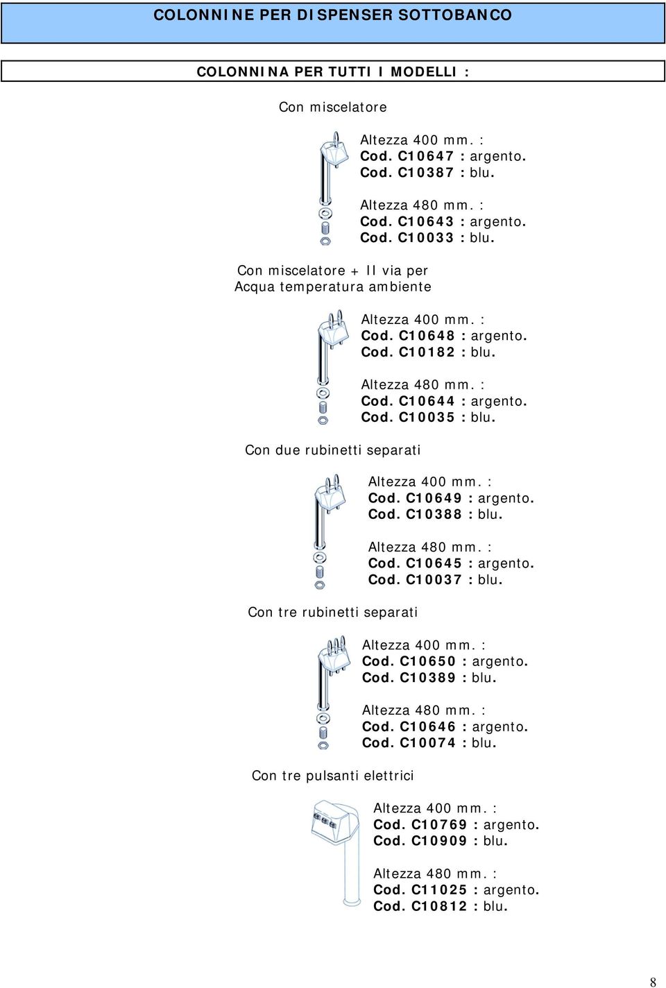 Altezza 480 mm. : Cod. C10644 : argento. Cod. C10035 : blu. Altezza 400 mm. : Cod. C10649 : argento. Cod. C10388 : blu. Altezza 480 mm. : Cod. C10645 : argento. Cod. C10037 : blu. Altezza 400 mm. : Cod. C10650 : argento.