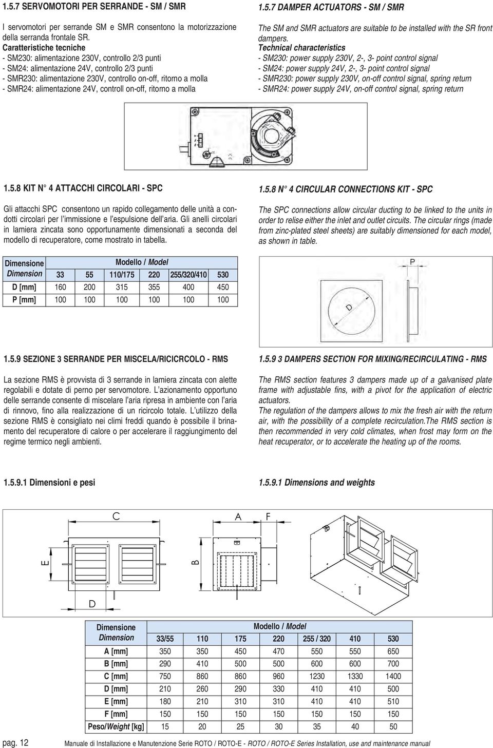 alimentazione 24V, controll on-off, ritorno a molla 1.5.7 DAMPER ACTUATORS - SM / SMR The SM and SMR actuators are suitable to be installed with the SR front dampers.