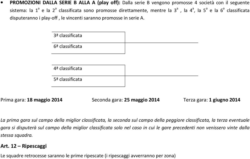 3ª classificata 6ª classificata 4ª classificata 5ª classificata Prima gara: 18 maggio 2014 Seconda gara: 25 maggio 2014 Terza gara: 1 giugno 2014 La prima gara sul campo della miglior classificata,