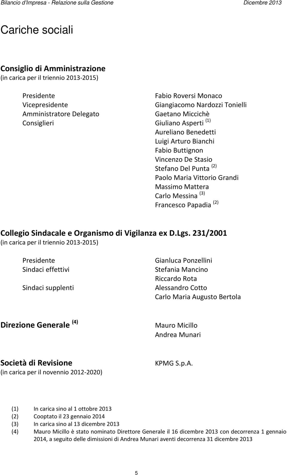 (2) Paolo Maria Vittorio Grandi Massimo Mattera Carlo Messina (3) Francesco Papadia (2) Collegio Sindacale e Organismo di Vigilanza ex D.Lgs.