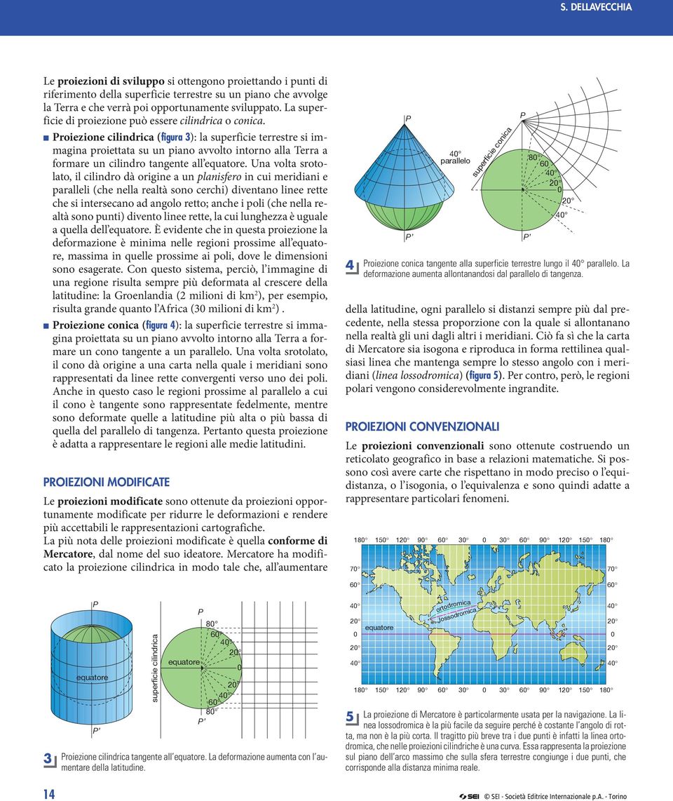 Proiezione cilindrica (figura 3): la superficie terrestre si immagina proiettata su un piano avvolto intorno alla Terra a formare un cilindro tangente all.