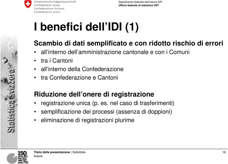 Confederazione e Cantoni Riduzione dell onere di registrazione registrazione unica (p. es.