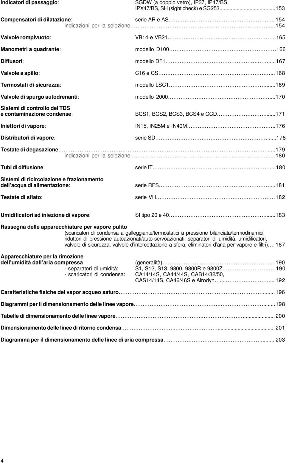 .. 168 Termostati di sicurezza: Valvole di spurgo autodrenanti: Sistemi di controllo del TDS e contaminazione condense: Iniettori di vapore: Distributori di vapore: modello LSC1...169 modello 2000.