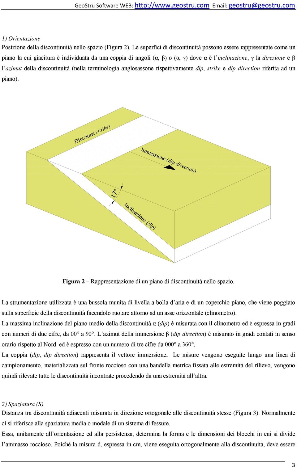 della discontinuità (nella terminologia anglosassone rispettivamente dip, strike e dip direction riferita ad un piano).