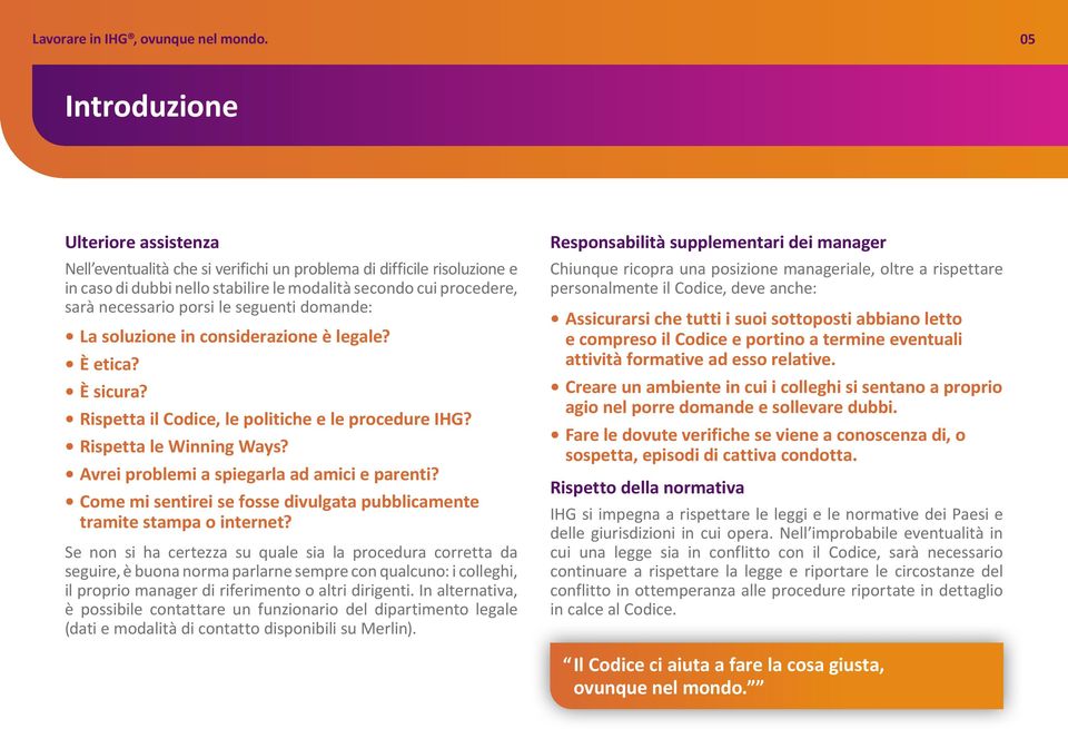 le seguenti domande: La soluzione in considerazione è legale? È etica? È sicura? Rispetta il Codice, le politiche e le procedure IHG? Rispetta le Winning Ways?