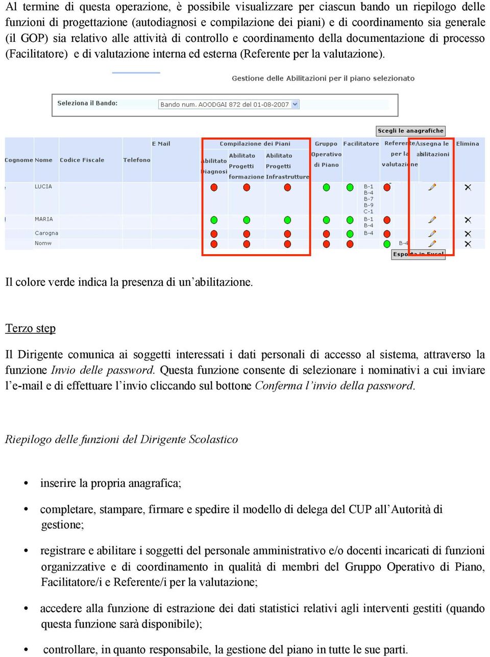 Il colore verde indica la presenza di un abilitazione. Terzo step Il Dirigente comunica ai soggetti interessati i dati personali di accesso al sistema, attraverso la funzione Invio delle password.