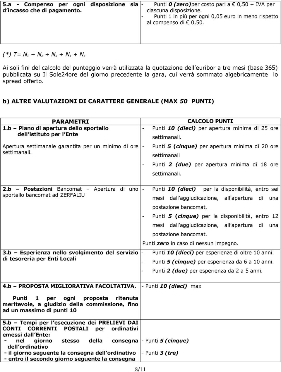 (*) T= N 1 + N 2 + N 3 + N 4 + N 5 Ai soli fini del calcolo del punteggio verrà utilizzata la quotazione dell euribor a tre mesi (base 365) pubblicata su Il Sole24ore del giorno precedente la gara,